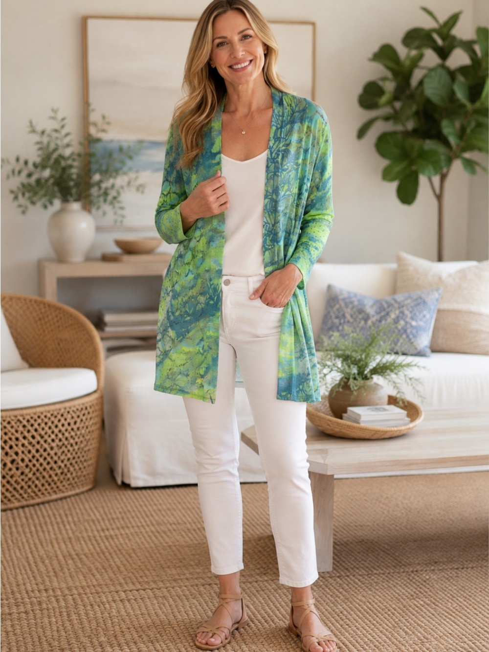 Albert Makali Crochet Open Front knit Art to Wear Cardigan Sweater Coastal